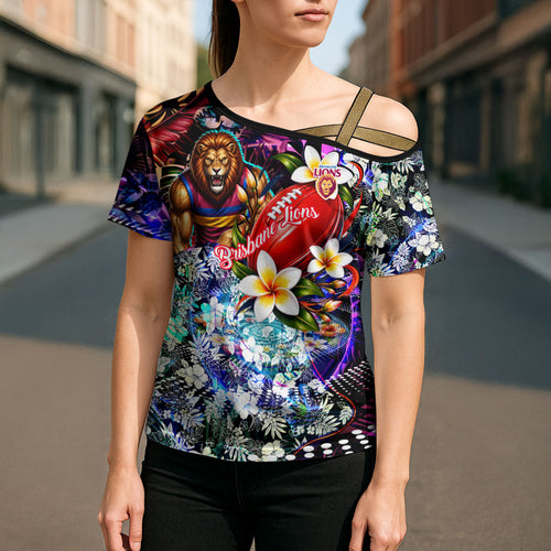 Personalized Brisbane Lions Football Cross Shoulder Shirt Tropical Hibiscus Flowers - Pacific Fusion Style