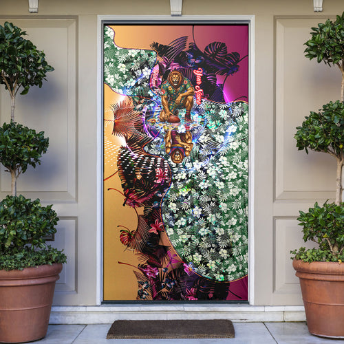 Personalized Brisbane Lions Football Door Cover Tropical Hibiscus Flowers - Pacific Fusion Style