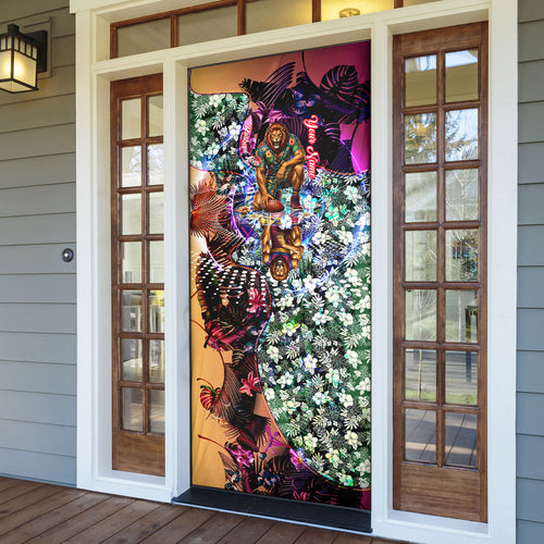 Personalized Brisbane Lions Football Door Cover Tropical Hibiscus Flowers - Pacific Fusion Style