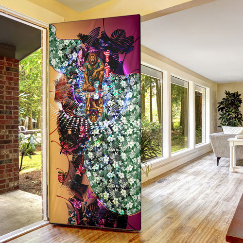 Personalized Brisbane Lions Football Door Cover Tropical Hibiscus Flowers - Pacific Fusion Style