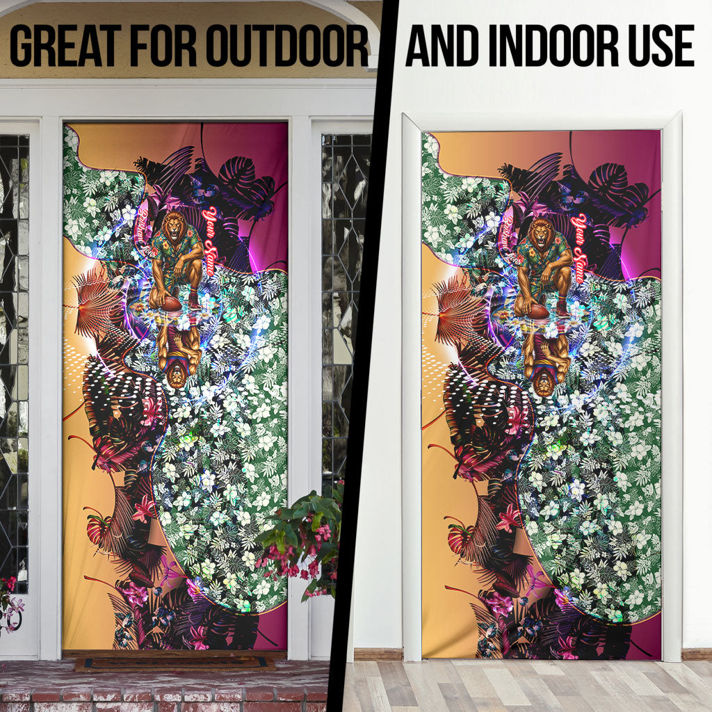 Personalized Brisbane Lions Football Door Cover Tropical Hibiscus Flowers - Pacific Fusion Style