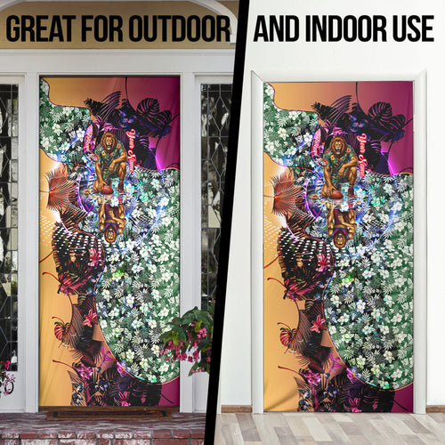 Personalized Brisbane Lions Football Door Cover Tropical Hibiscus Flowers - Pacific Fusion Style