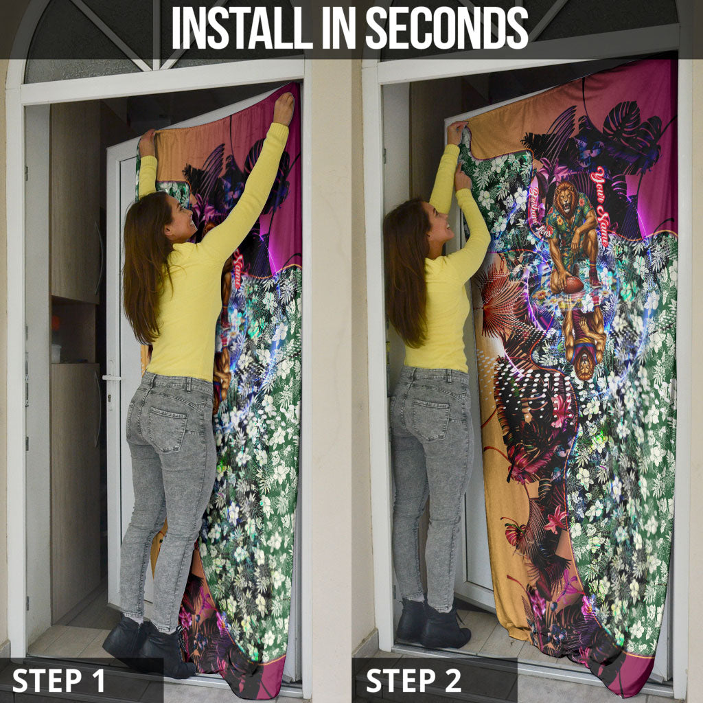 Personalized Brisbane Lions Football Door Cover Tropical Hibiscus Flowers - Pacific Fusion Style