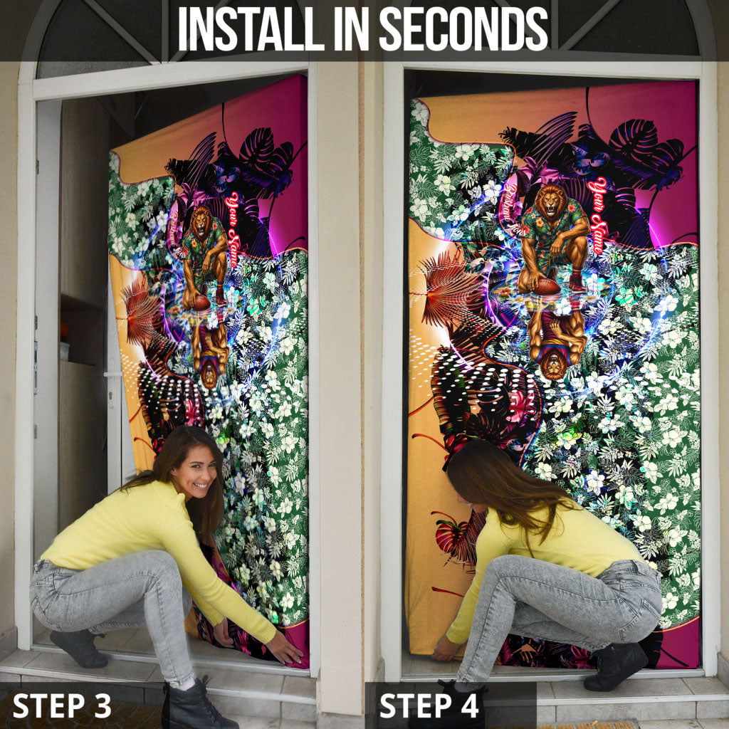 Personalized Brisbane Lions Football Door Cover Tropical Hibiscus Flowers - Pacific Fusion Style