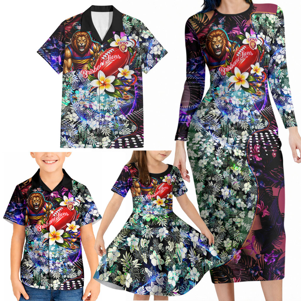 Personalized Brisbane Lions Football Family Matching Long Sleeve Bodycon Dress and Hawaiian Shirt Tropical Hibiscus Flowers - Pacific Fusion Style