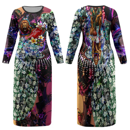 Personalized Brisbane Lions Football Family Matching Long Sleeve Bodycon Dress and Hawaiian Shirt Tropical Hibiscus Flowers - Pacific Fusion Style