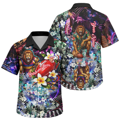 Personalized Brisbane Lions Football Family Matching Long Sleeve Bodycon Dress and Hawaiian Shirt Tropical Hibiscus Flowers - Pacific Fusion Style