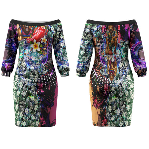 Personalized Brisbane Lions Football Family Matching Off The Shoulder Long Sleeve Dress and Hawaiian Shirt Tropical Hibiscus Flowers - Pacific Fusion Style