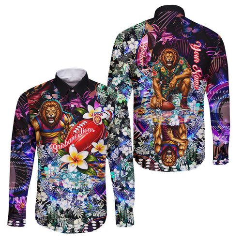 Personalized Brisbane Lions Football Family Matching Off The Shoulder Long Sleeve Dress and Hawaiian Shirt Tropical Hibiscus Flowers - Pacific Fusion Style