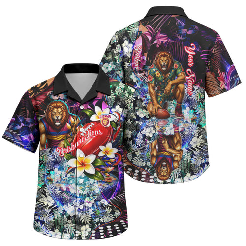Personalized Brisbane Lions Football Family Matching Off The Shoulder Long Sleeve Dress and Hawaiian Shirt Tropical Hibiscus Flowers - Pacific Fusion Style
