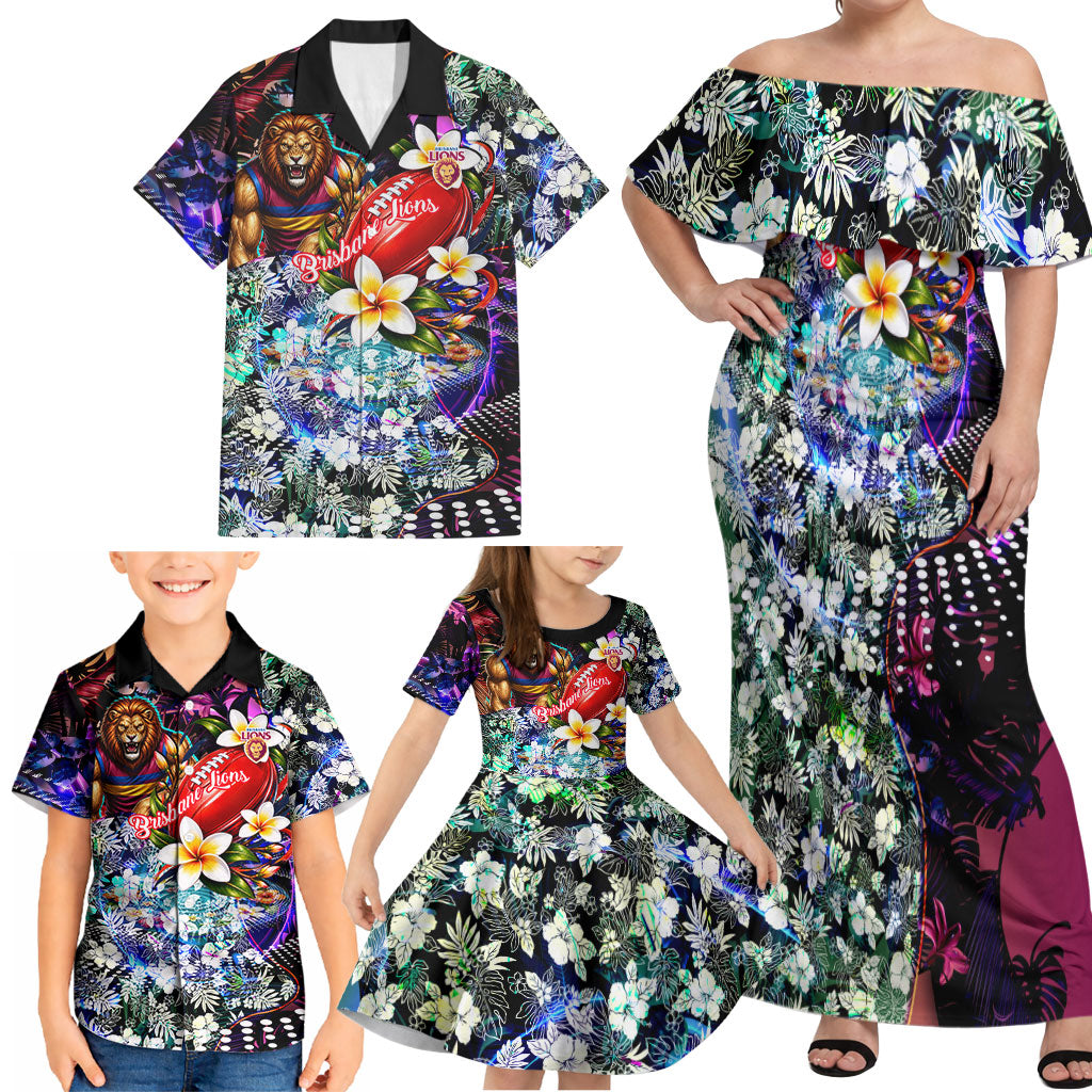 Personalized Brisbane Lions Football Family Matching Off Shoulder Maxi Dress and Hawaiian Shirt Tropical Hibiscus Flowers - Pacific Fusion Style
