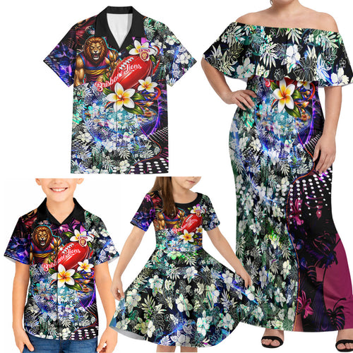 Personalized Brisbane Lions Football Family Matching Off Shoulder Maxi Dress and Hawaiian Shirt Tropical Hibiscus Flowers - Pacific Fusion Style