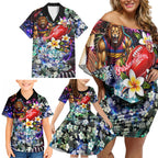 Personalized Brisbane Lions Football Family Matching Off Shoulder Short Dress and Hawaiian Shirt Tropical Hibiscus Flowers - Pacific Fusion Style