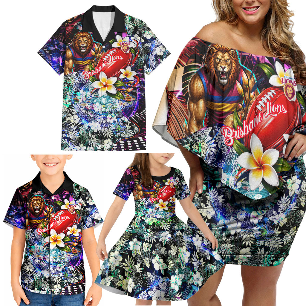 Personalized Brisbane Lions Football Family Matching Off Shoulder Short Dress and Hawaiian Shirt Tropical Hibiscus Flowers - Pacific Fusion Style