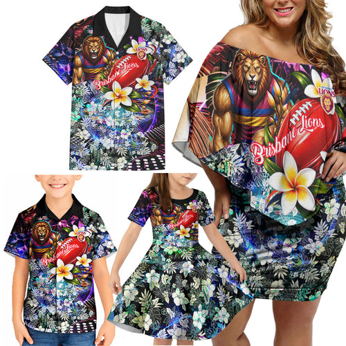 Personalized Brisbane Lions Football Family Matching Off Shoulder Short Dress and Hawaiian Shirt Tropical Hibiscus Flowers - Pacific Fusion Style