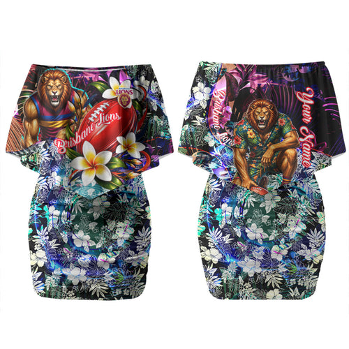 Personalized Brisbane Lions Football Family Matching Off Shoulder Short Dress and Hawaiian Shirt Tropical Hibiscus Flowers - Pacific Fusion Style