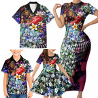 Personalized Brisbane Lions Football Family Matching Short Sleeve Bodycon Dress and Hawaiian Shirt Tropical Hibiscus Flowers - Pacific Fusion Style