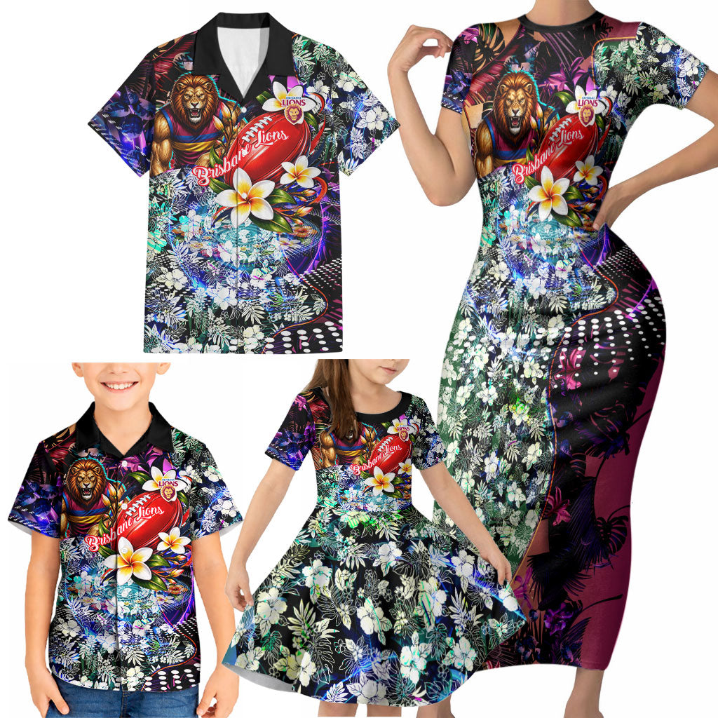 Personalized Brisbane Lions Football Family Matching Short Sleeve Bodycon Dress and Hawaiian Shirt Tropical Hibiscus Flowers - Pacific Fusion Style