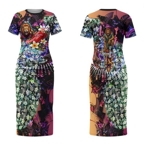 Personalized Brisbane Lions Football Family Matching Short Sleeve Bodycon Dress and Hawaiian Shirt Tropical Hibiscus Flowers - Pacific Fusion Style