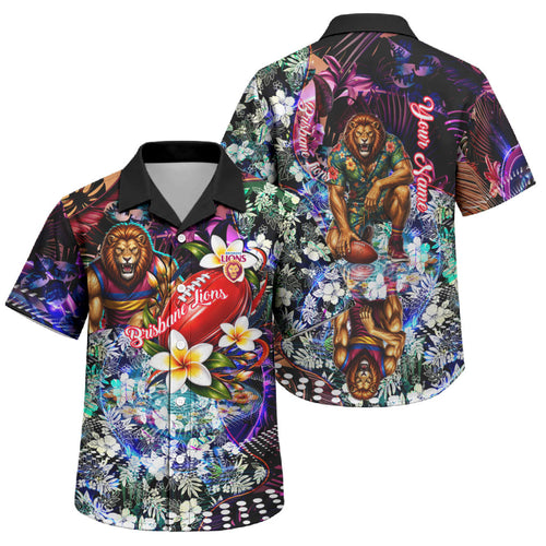 Personalized Brisbane Lions Football Family Matching Short Sleeve Bodycon Dress and Hawaiian Shirt Tropical Hibiscus Flowers - Pacific Fusion Style