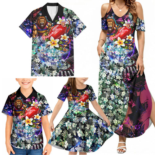 Personalized Brisbane Lions Football Family Matching Summer Maxi Dress and Hawaiian Shirt Tropical Hibiscus Flowers - Pacific Fusion Style