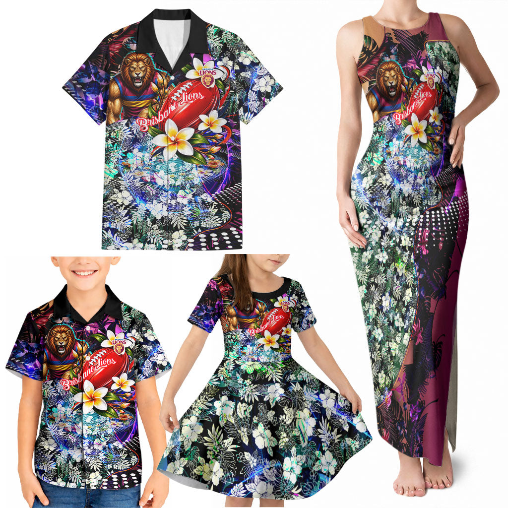 Personalized Brisbane Lions Football Family Matching Tank Maxi Dress and Hawaiian Shirt Tropical Hibiscus Flowers - Pacific Fusion Style