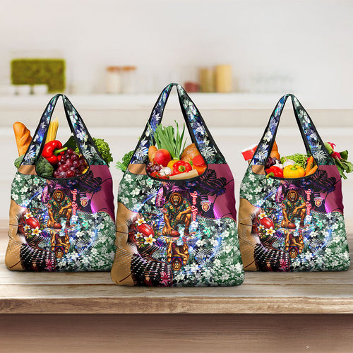 Personalized Brisbane Lions Football Grocery Bag Tropical Hibiscus Flowers - Pacific Fusion Style