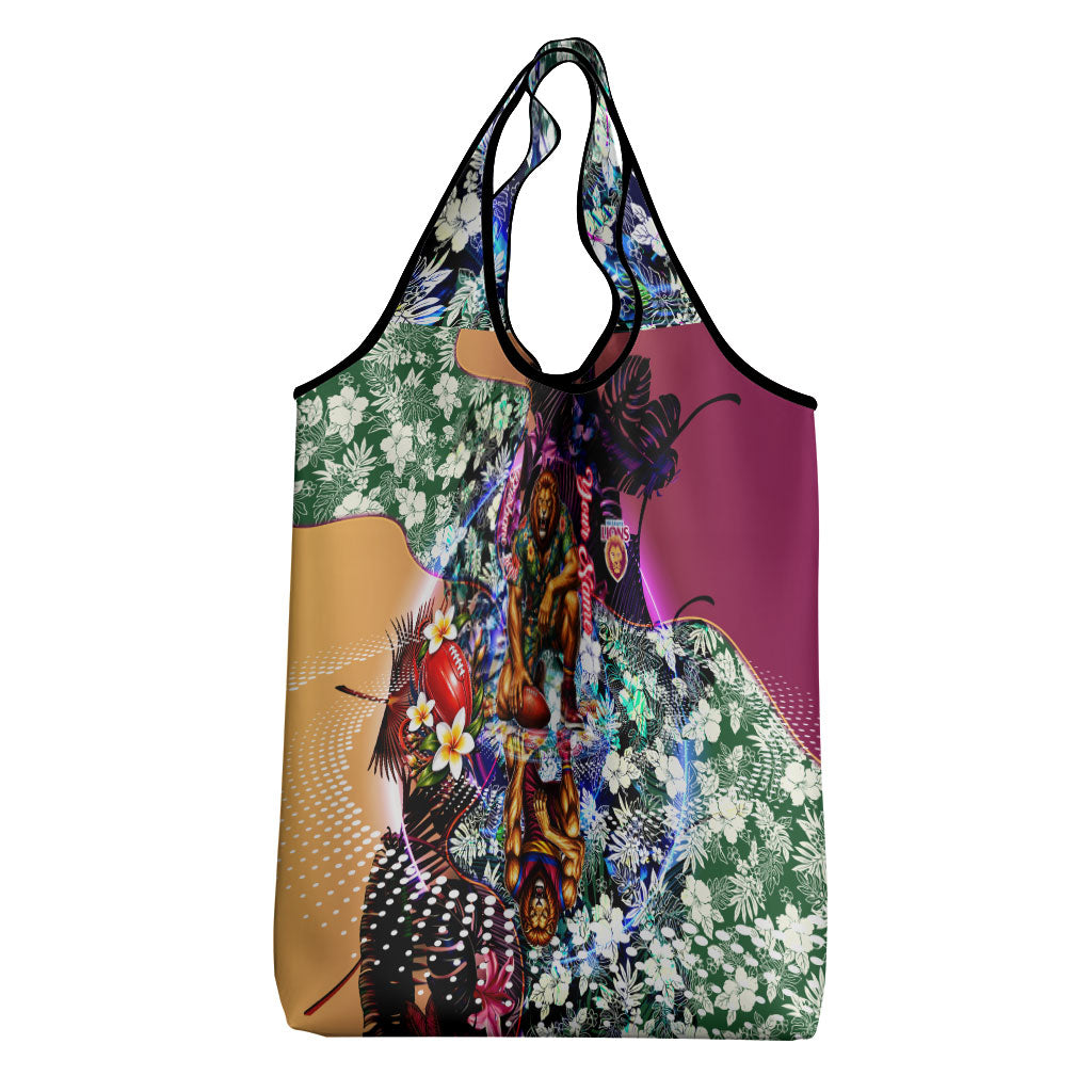 Personalized Brisbane Lions Football Grocery Bag Tropical Hibiscus Flowers - Pacific Fusion Style
