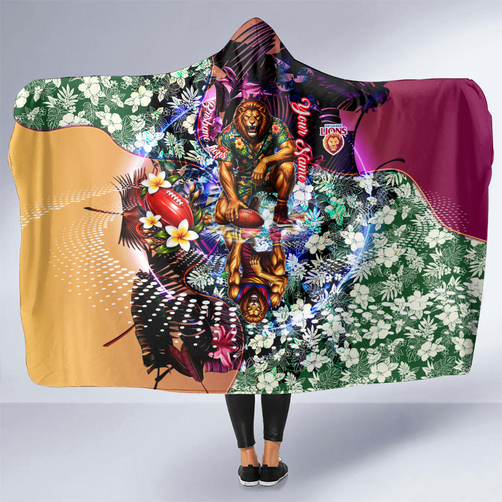 Personalized Brisbane Lions Football Hooded Blanket Tropical Hibiscus Flowers - Pacific Fusion Style