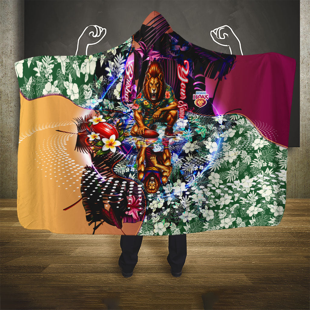 Personalized Brisbane Lions Football Hooded Blanket Tropical Hibiscus Flowers - Pacific Fusion Style