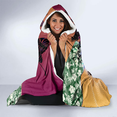 Personalized Brisbane Lions Football Hooded Blanket Tropical Hibiscus Flowers - Pacific Fusion Style