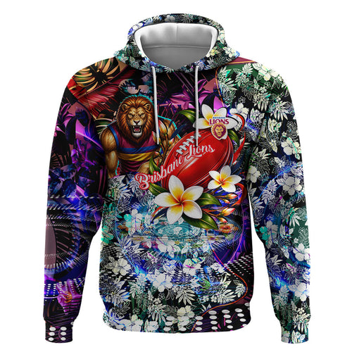 Personalized Brisbane Lions Football Hoodie Tropical Hibiscus Flowers - Pacific Fusion Style
