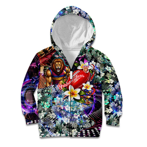 Personalized Brisbane Lions Football Kid Hoodie Tropical Hibiscus Flowers - Pacific Fusion Style