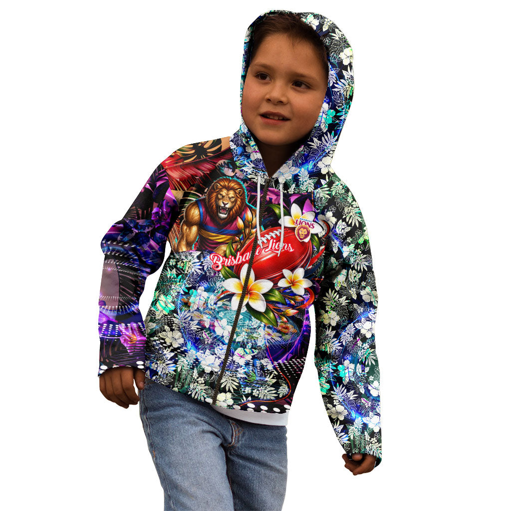Personalized Brisbane Lions Football Kid Hoodie Tropical Hibiscus Flowers - Pacific Fusion Style