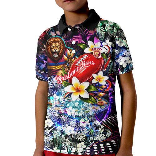 Personalized Brisbane Lions Football Kid Polo Shirt Tropical Hibiscus Flowers - Pacific Fusion Style