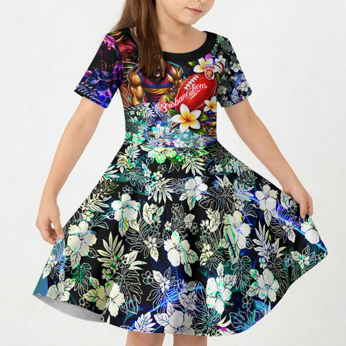 Personalized Brisbane Lions Football Kid Short Sleeve Dress Tropical Hibiscus Flowers - Pacific Fusion Style