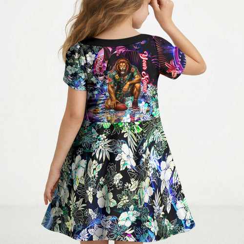 Personalized Brisbane Lions Football Kid Short Sleeve Dress Tropical Hibiscus Flowers - Pacific Fusion Style