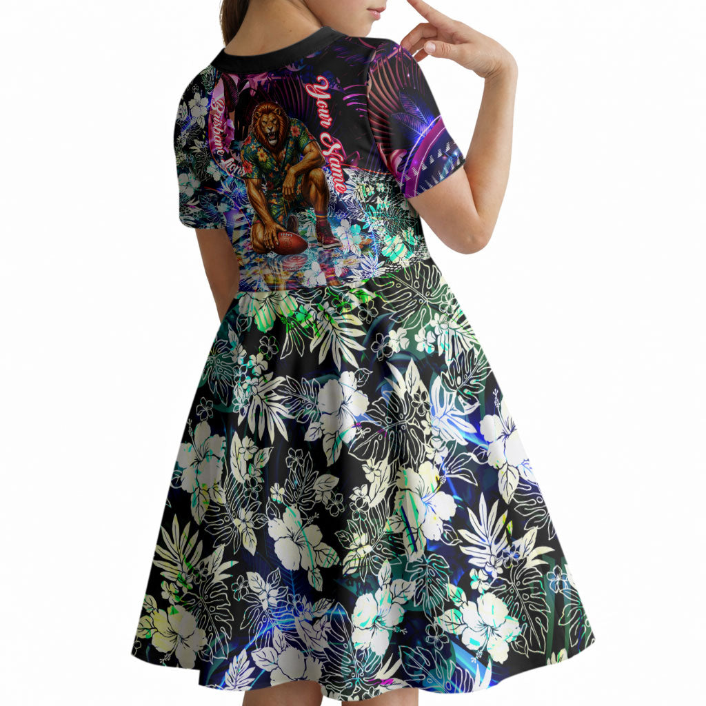 Personalized Brisbane Lions Football Kid Short Sleeve Dress Tropical Hibiscus Flowers - Pacific Fusion Style