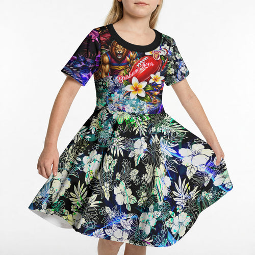 Personalized Brisbane Lions Football Kid Short Sleeve Dress Tropical Hibiscus Flowers - Pacific Fusion Style