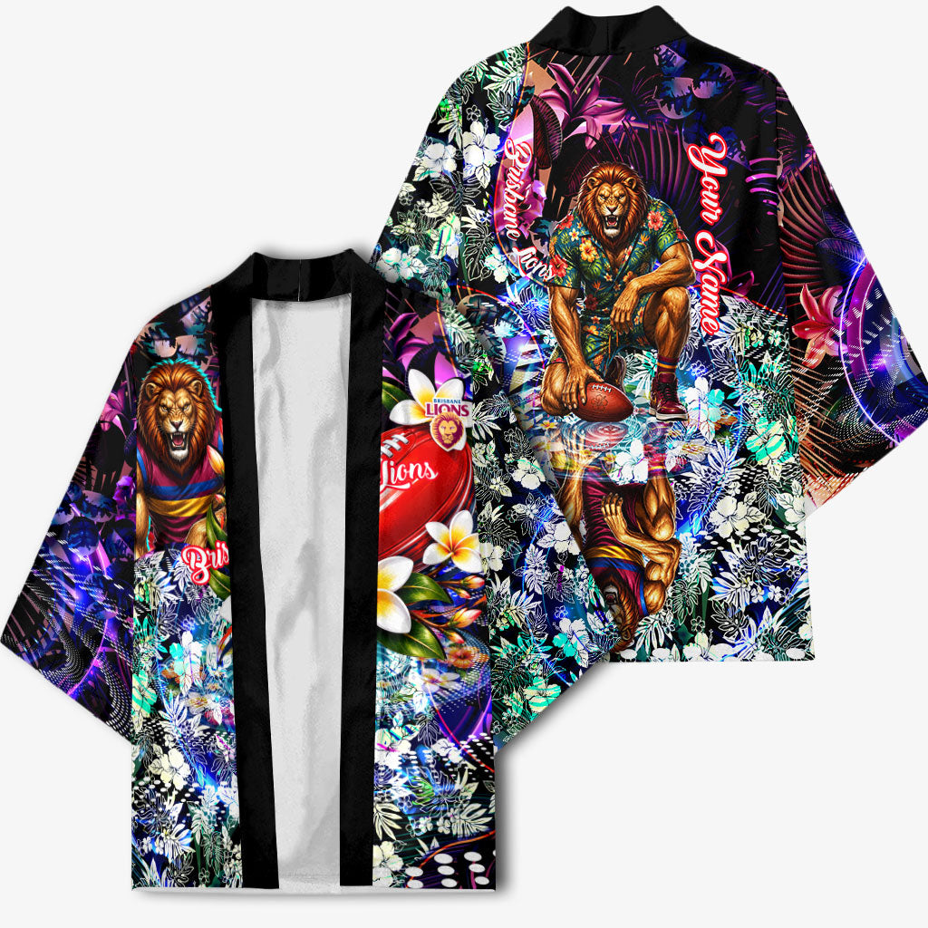 Personalized Brisbane Lions Football Kimono Tropical Hibiscus Flowers - Pacific Fusion Style