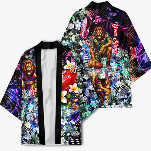 Personalized Brisbane Lions Football Kimono Tropical Hibiscus Flowers - Pacific Fusion Style