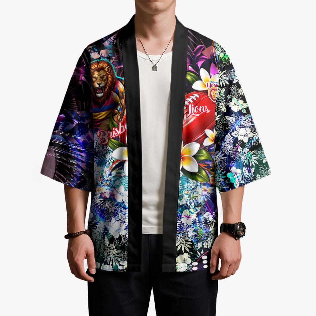 Personalized Brisbane Lions Football Kimono Tropical Hibiscus Flowers - Pacific Fusion Style