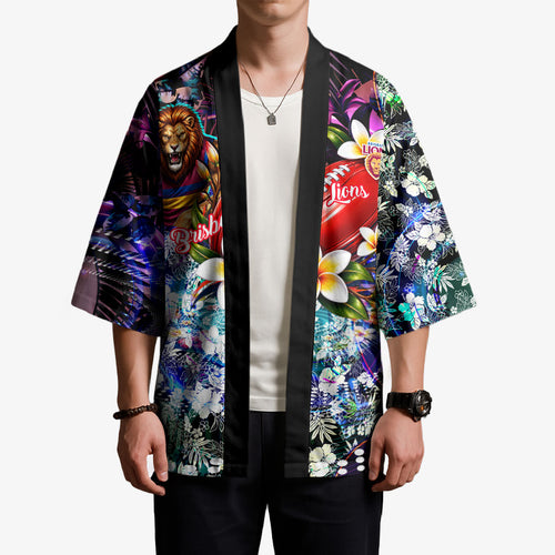 Personalized Brisbane Lions Football Kimono Tropical Hibiscus Flowers - Pacific Fusion Style