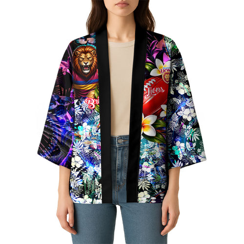 Personalized Brisbane Lions Football Kimono Tropical Hibiscus Flowers - Pacific Fusion Style