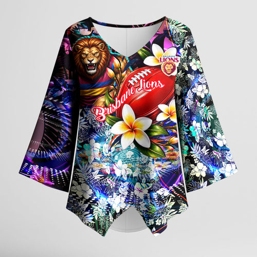 Personalized Brisbane Lions Football Kimono Sleeve Blouse Tropical Hibiscus Flowers - Pacific Fusion Style