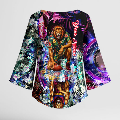 Personalized Brisbane Lions Football Kimono Sleeve Blouse Tropical Hibiscus Flowers - Pacific Fusion Style