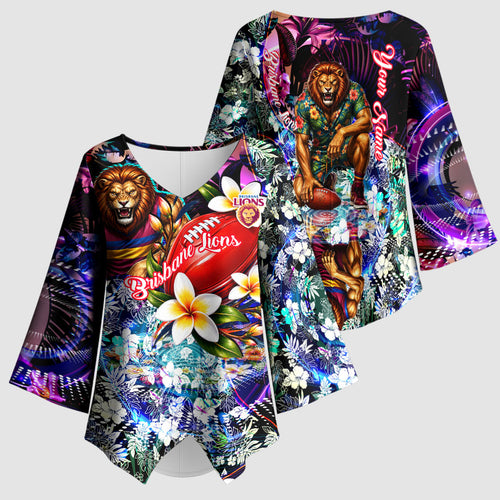 Personalized Brisbane Lions Football Kimono Sleeve Blouse Tropical Hibiscus Flowers - Pacific Fusion Style