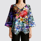 Personalized Brisbane Lions Football Kimono Sleeve Blouse Tropical Hibiscus Flowers - Pacific Fusion Style