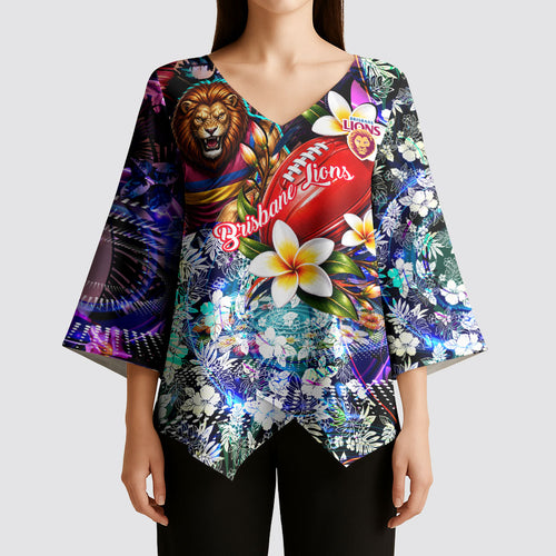 Personalized Brisbane Lions Football Kimono Sleeve Blouse Tropical Hibiscus Flowers - Pacific Fusion Style