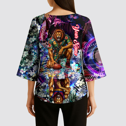 Personalized Brisbane Lions Football Kimono Sleeve Blouse Tropical Hibiscus Flowers - Pacific Fusion Style